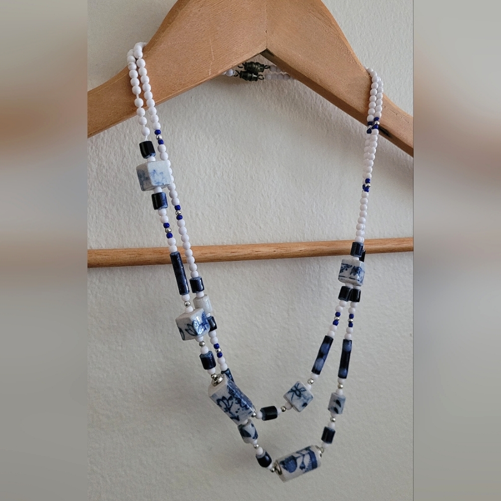 2 Strands of Stacked Blue & White Ceramic Geometric Beaded Necklaces